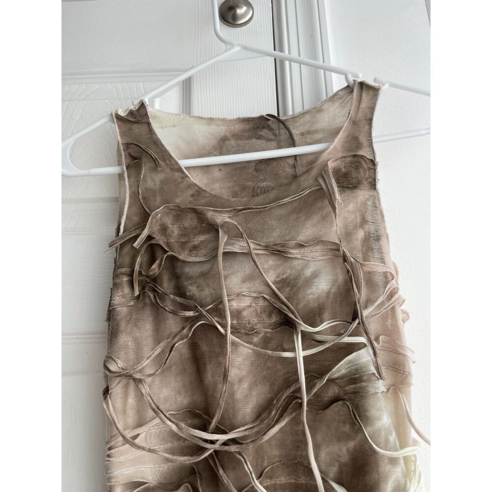 Deconstructed Mesh Maxi Dress Taupe Shredded Ribbon Avant Garde Bodycon Y2K - Picture 4 of 4